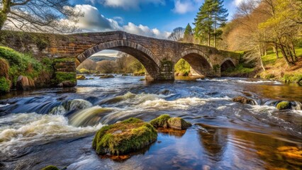 Fototapeta premium River flowing through Bellever Bridge, East Dart River, river, bellever bridge, river