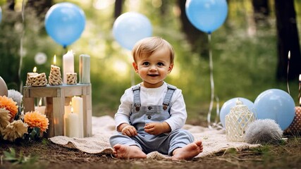 boy with balloons cake nature background first birthday