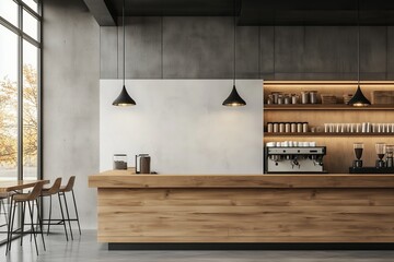 Modern cafe interior with empty wall wooden counter