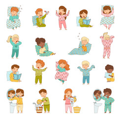 Sleepy Little Boy and Girl Wearing Pajamas Get Ready to Bed Vector Set