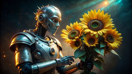 Fototapeta premium 3D Render: Robot Portrait with Sunflowers, Dark Background