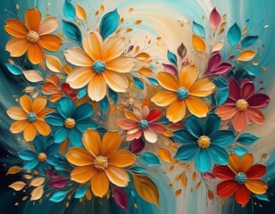 A close-up of a colorful abstract flower painting