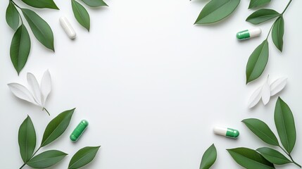 Fototapeta premium White and green capsules with leaves on light background