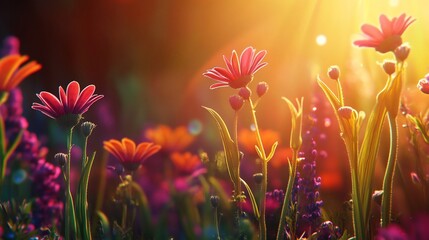 Vibrant wildflowers bathed in golden sunlight.