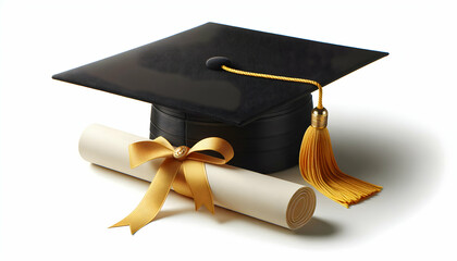 Education A black graduation cap with a bright yellow tassel placed at an angle, with a rolled diploma tied wi2