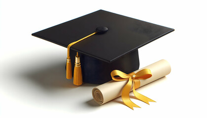 Education A black graduation cap with a bright yellow tassel placed at an angle, with a rolled diploma tied wi4