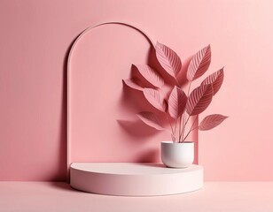 A product stand with pink leaves against a pink background with a soft shadow