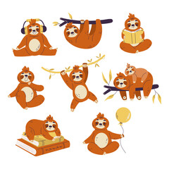 Funny Sloth Animal Character Do Different Activity Vector Set