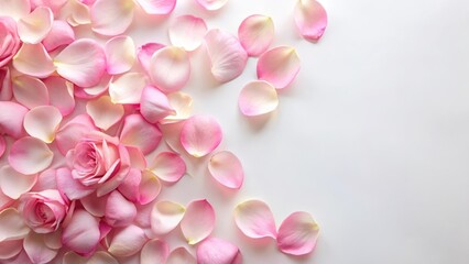 delicate pink rose petals scattered on a soft white background , beauty, rose