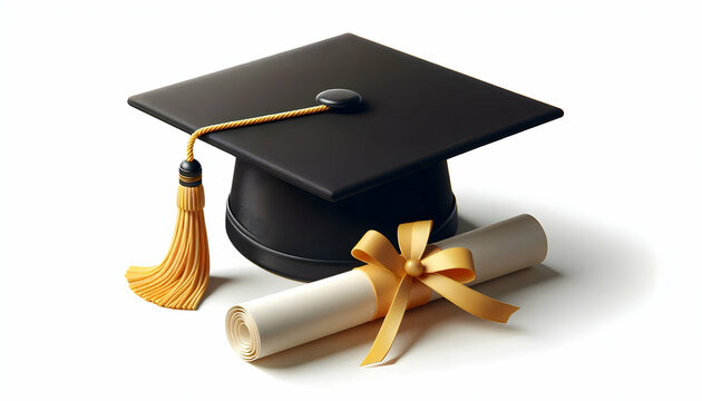 Education A black graduation cap with a yellow tassel positioned upright, with a rolled diploma tied with a so3