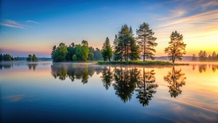 A serene reflection of trees and sky on a calm lake surface at dawn, peaceful, dawn,  peaceful