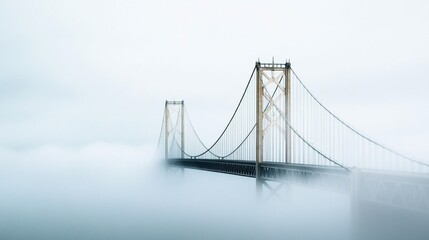 Fototapeta premium Suspension bridge, foggy coastal scene, transportation, travel
