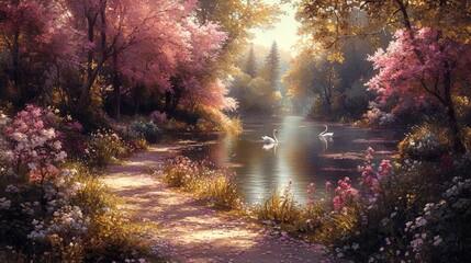 Serene swans swim, blossom-lined path, sunlit forest.