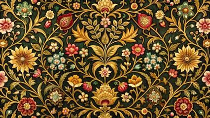 Intricate floral motifs with golden filigree and velvet textures