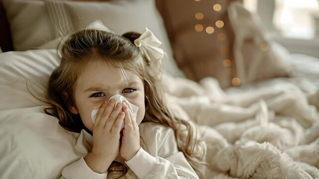 a little girl is sick in bed, with a napkin