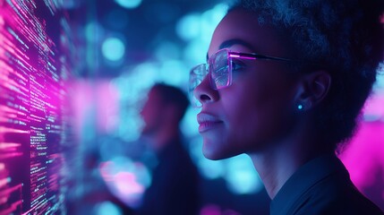Female developer, woman collaborating on futuristic technology projects, digital screens displaying holograms and coding. The innovation, technological advancements, tech business. neon light