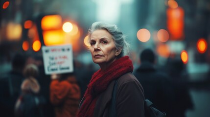 A polluted cityscape with a mature woman advocating for climate action. The protest, the city environment, the urgency and commitment to change, crowded background with copy space