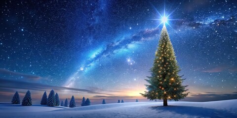 Naklejka premium A majestic Christmas tree stands tall under a breathtaking starry night sky with a shooting star visible in the distance above, holiday season, celestial