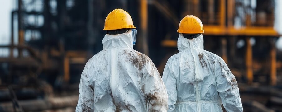 Workers in protective gear decommissioning a fossil fuel site at its peak usage limit