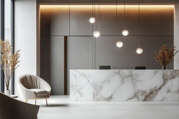 Stylish minimalist interior of a hotel lobby or reception area for a beauty salon, spa or private medical clinic with a marble counter