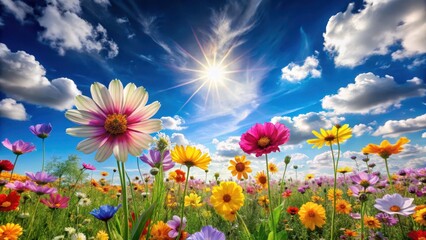 Colorful psychedelic flowers in a field with a bright sun and fluffy white clouds , vibrant, nature