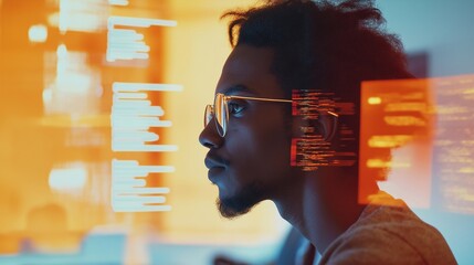 A futuristic concept of artificial intelligence and human connection represented by a profile of a young African man with glowing digital code overlay. innovation, AI, and human-tech collaboration