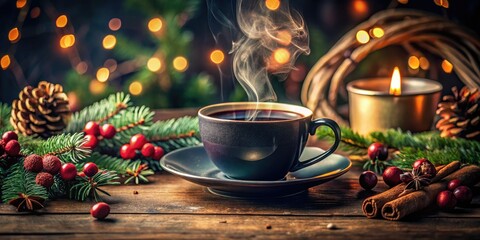 Obraz premium Classic black coffee cup, Christmas cheer in every sip. Holiday drink photo.