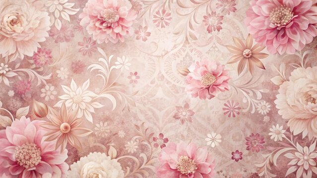 Unfolding floral patterns in a magazine background created using a quincunx design, featuring pink hues and subtle shading effects , magaz?n, ilustraciones