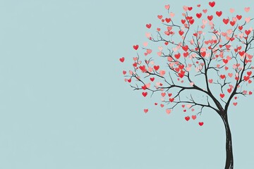 Fototapeta premium A whimsical tree with heart - shaped leaves, leaving the sky area blank for text Valentine’s Day card