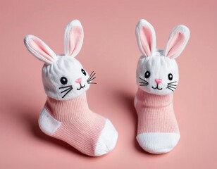 Obraz premium Two pairs of baby socks with bunny rabbit designs on a pink background