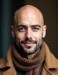Fototapeta premium Portrait of a smiling bald man with a beard, wearing a brown coat and scarf. He looks directly at the camera with a friendly expression.