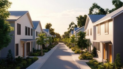 Modern residential neighborhood with tree-lined streets and charming houses.