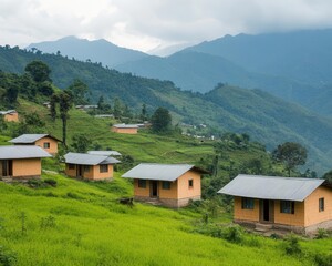 Fototapeta premium Scenic view of rural houses surrounded by lush green mountains and fields.