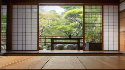 Table top on Japanese style room blur background.