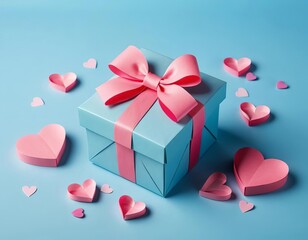 A gift box with a large pink bow and paper hearts on a blue background