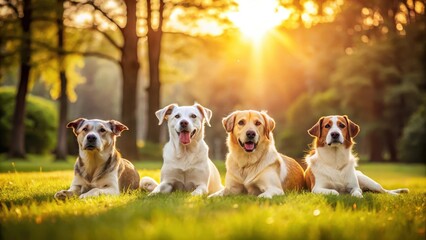 Four dogs sitting in the park on a sunny day, with three of them lying down and one standing up