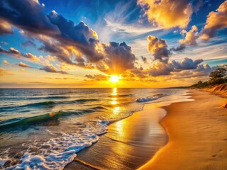 Naklejka premium Coastal panorama: serene ocean bathed in golden sunset light, a tranquil beach scene.