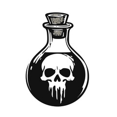 Black and white potion bottle with a skull-shaped liquid inside.