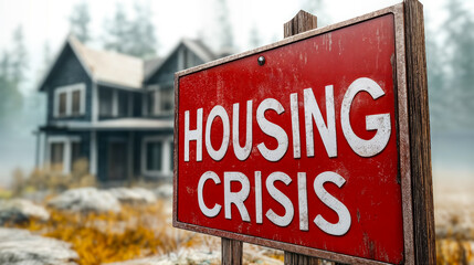 Fototapeta premium Housing Crisis Concept with For Sale Sign in Front of Home Depicting Market Issues