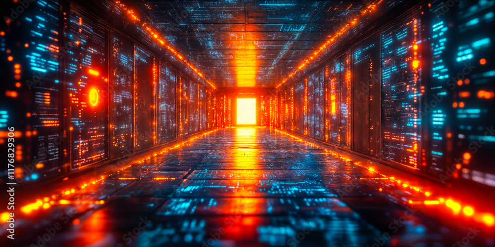 Poster futuristic data center corridor with advanced ai and digital analytics visualization
