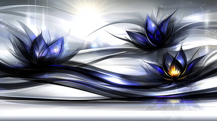 Futuristic Metallic Black and Blue Floral Design with Sleek Curves and Reflective Shine Perfect for Modern Decorative Art and Sci-Fi Themes
