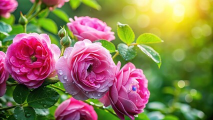 Fototapeta premium Freshly picked Damask rose heads in a lush green garden with dew drops and gentle morning light, closeup, roses