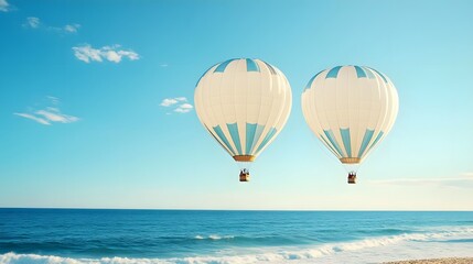 Two hot air balloons floating above a serene ocean under a clear blue sky.