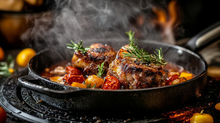 Delicious roasted meat with vegetables in cast iron skillet on a rustic kitchen counter
