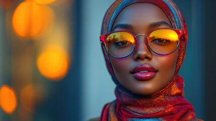 Portrait of a young woman in stylish glasses and a bright hijab. The beauty of tradition in a modern style.