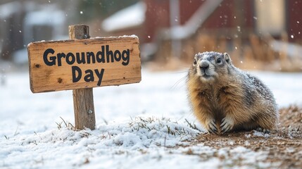 A groundhog emerged from a hole, there was snow in the background, and next to him there was a wooden sign that said "Groundhog Day."	