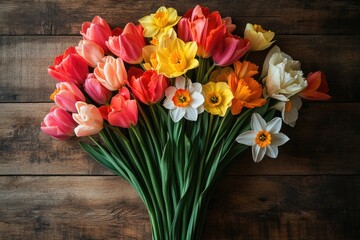 Spring flower arrangement with tulips and daffodils on a wooden surface. Spring flowers tulips and daffodils.	
