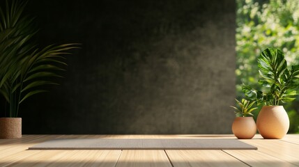 Minimalist interior with plants and a textured rug against a dark wall.