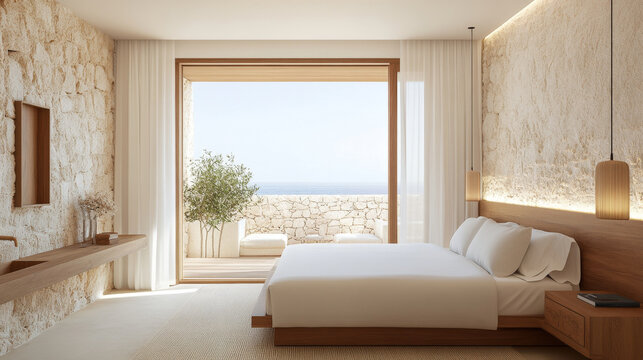 Modern bedroom with natural light, stone walls, and ocean view. serene atmosphere features wooden bed, minimalist decor, and soft textiles, creating peaceful retreat