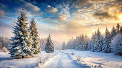 Fototapeta premium A serene winter landscape with a snow-covered footpath leading into the distance, surrounded by evergreen trees and a misty sky with soft white clouds , snow covered path, frosty trees